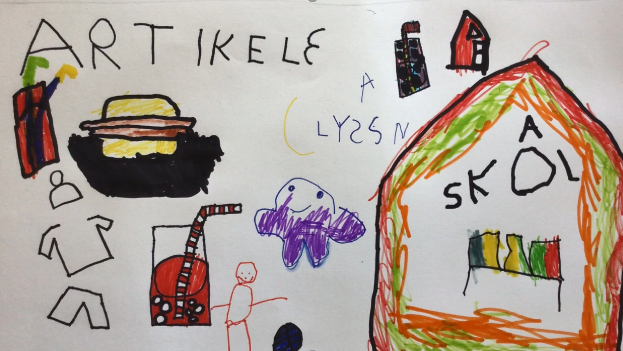 Ritad bild om artikel 3 i barnkonventionen visar skola och mat